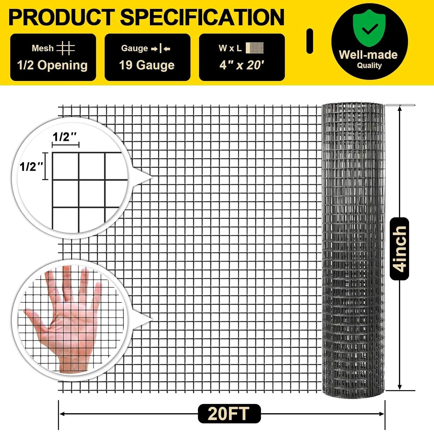 Black Hardware Cloth 4'' x 20' PVC Steel Vinyl Coated 1/2 inch Galvanized Wire Mesh Roll (19 GA) Chicken Wire Fence Roll, for coop Fences,Screen mesh, Rabbit/Snake Fences, Poultry enclosures, etc.