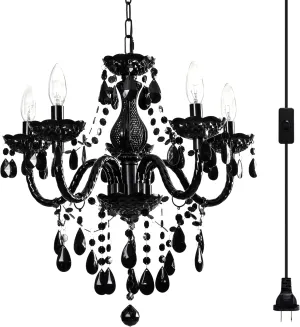 Black Modern 5-Light Crystal Chandelier Acrylic Hanging Pendant Light with Plug-in Cord & Switch, 19x19.7 Inch for Kitchen Island Dining Room Bedroom Decor