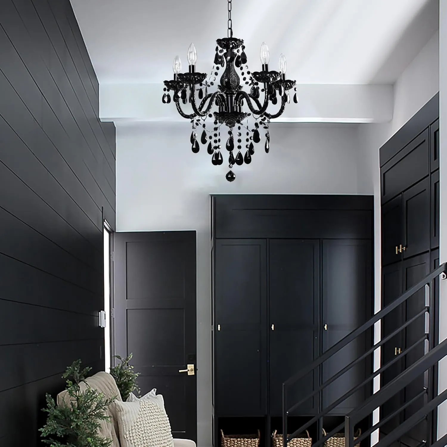 Black Modern 5-Light Crystal Chandelier Acrylic Hanging Pendant Light with Plug-in Cord & Switch, 19x19.7 Inch for Kitchen Island Dining Room Bedroom Decor