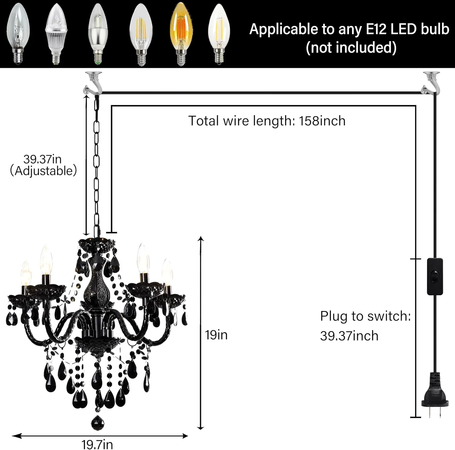 Black Modern 5-Light Crystal Chandelier Acrylic Hanging Pendant Light with Plug-in Cord & Switch, 19x19.7 Inch for Kitchen Island Dining Room Bedroom Decor