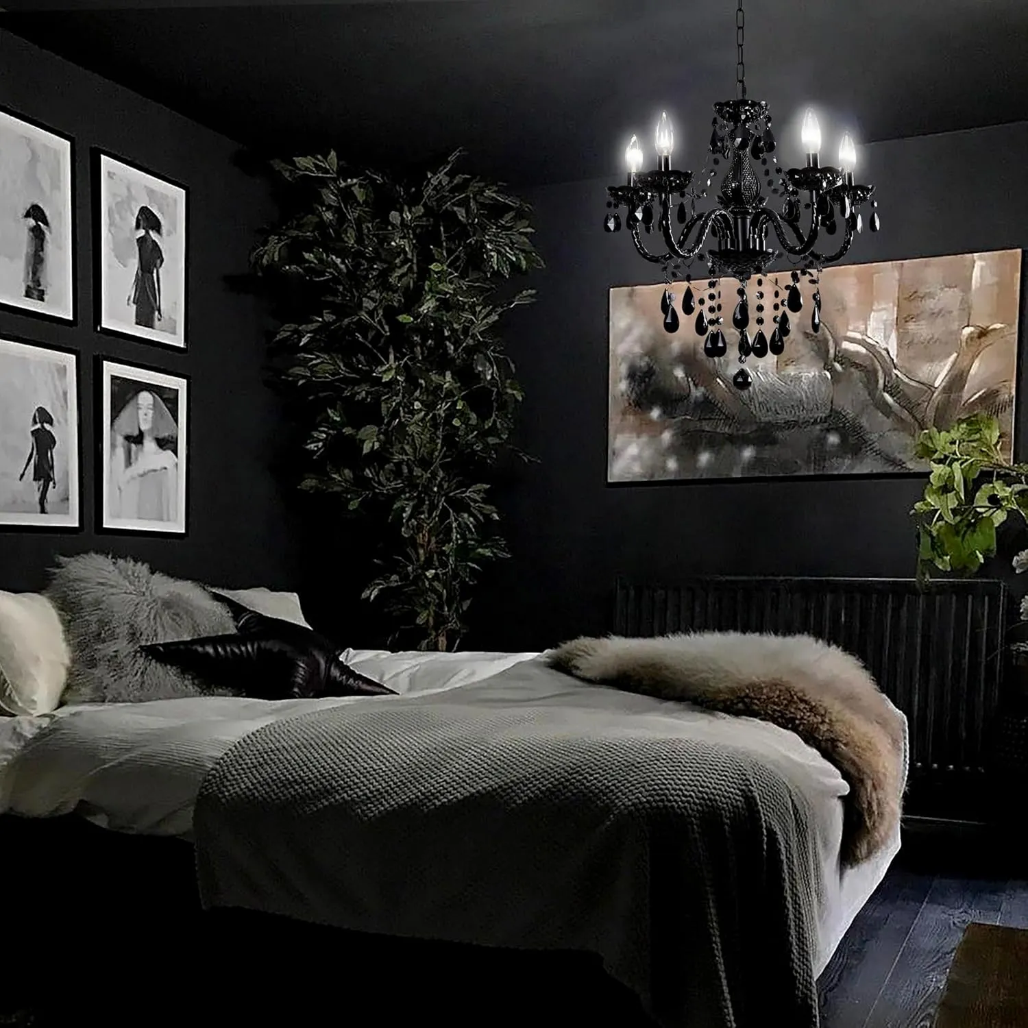 Black Modern 5-Light Crystal Chandelier Acrylic Hanging Pendant Light with Plug-in Cord & Switch, 19x19.7 Inch for Kitchen Island Dining Room Bedroom Decor