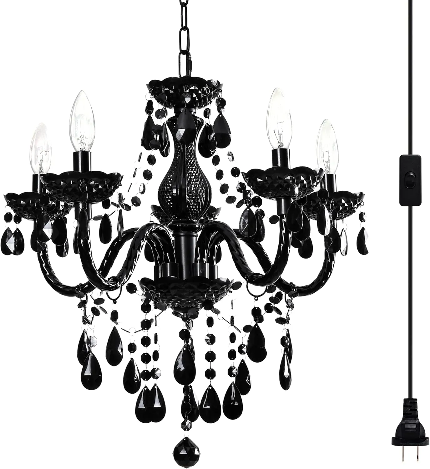 Black Modern 5-Light Crystal Chandelier Acrylic Hanging Pendant Light with Plug-in Cord & Switch, 19x19.7 Inch for Kitchen Island Dining Room Bedroom Decor