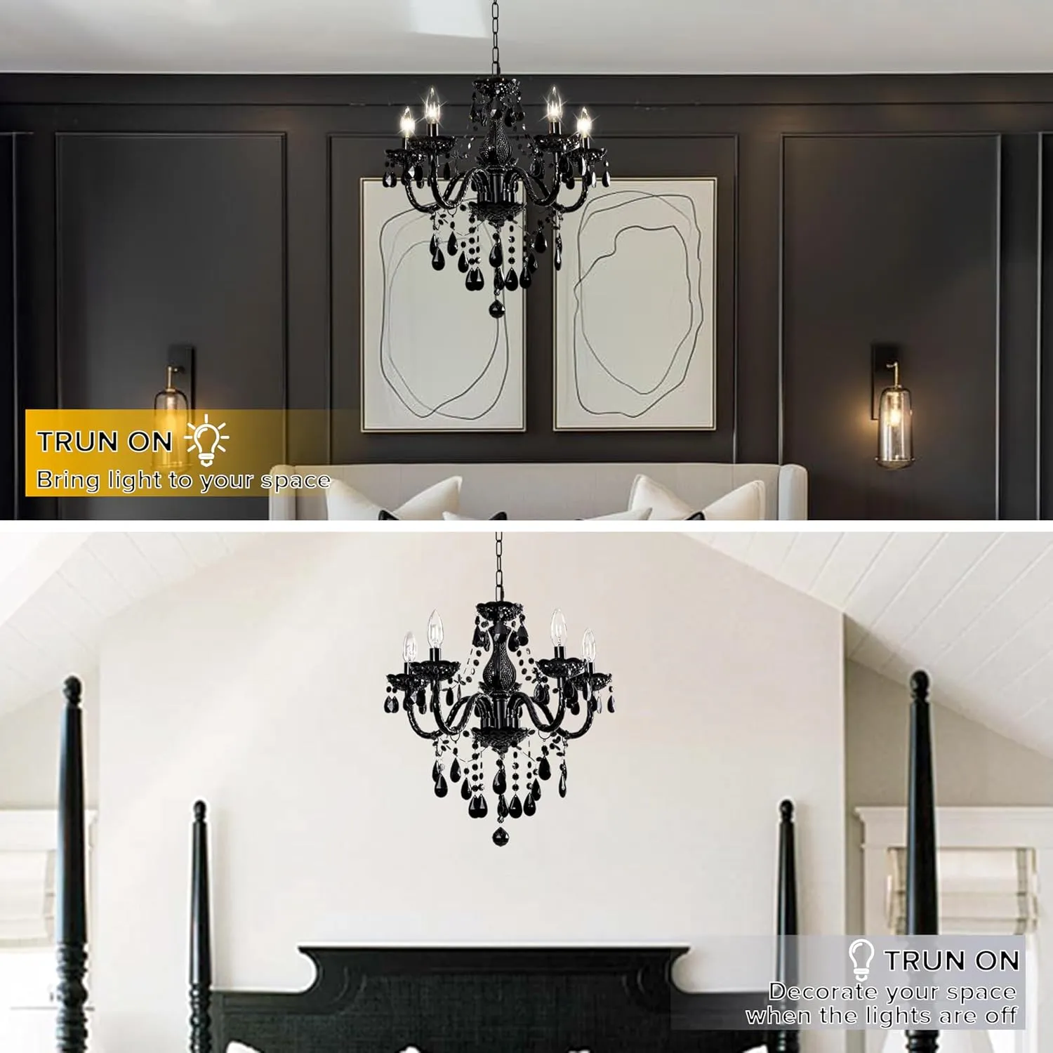 Black Modern 5-Light Crystal Chandelier Acrylic Hanging Pendant Light with Plug-in Cord & Switch, 19x19.7 Inch for Kitchen Island Dining Room Bedroom Decor