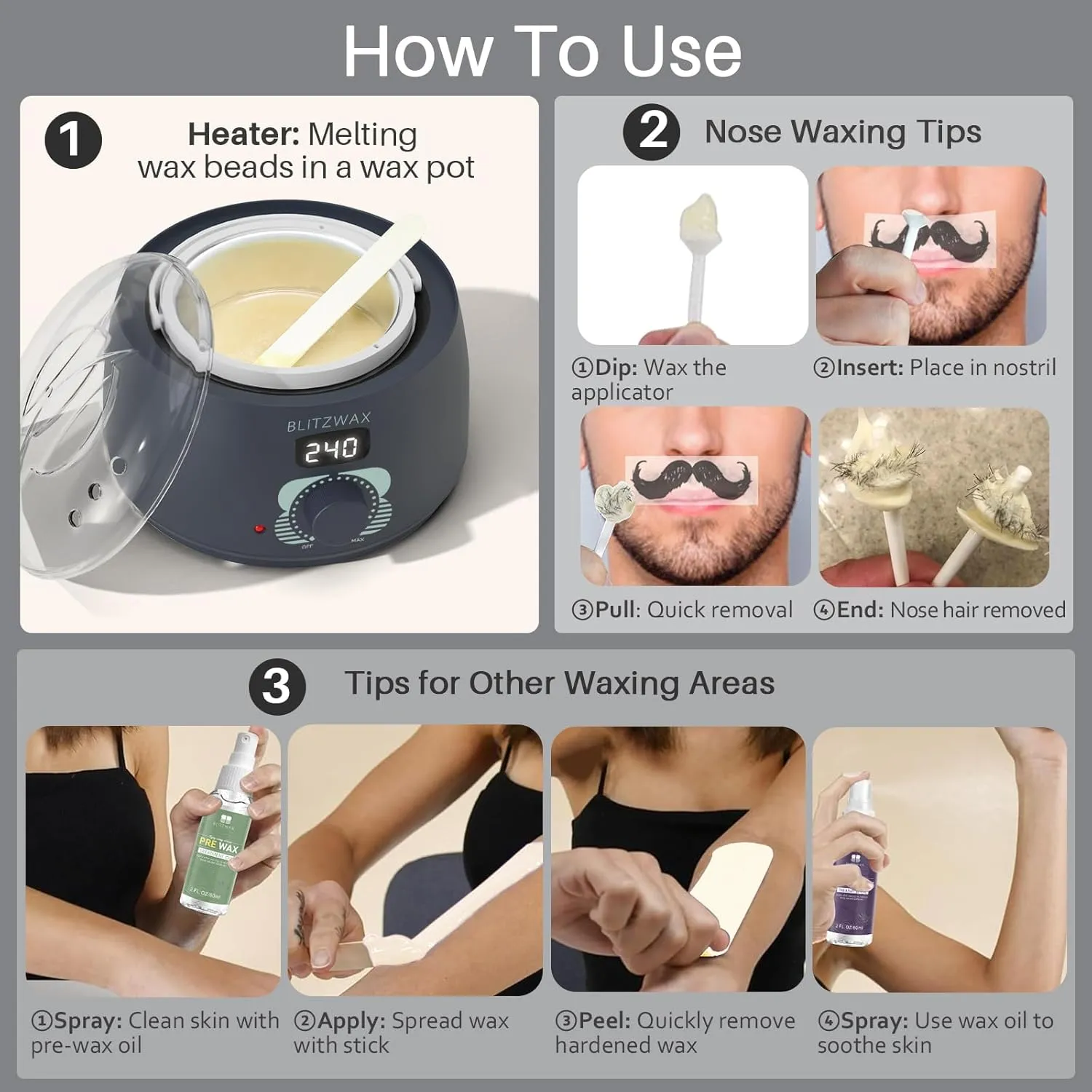 BLITZWAX Back and Nose Waxing Kit for Men, Hard Wax Warmer for Brazilian, Body and Face, At Home Hair Removal Kit, Beginner Friendly, Quick Heating, 93 Accessories, Charcoal Grey