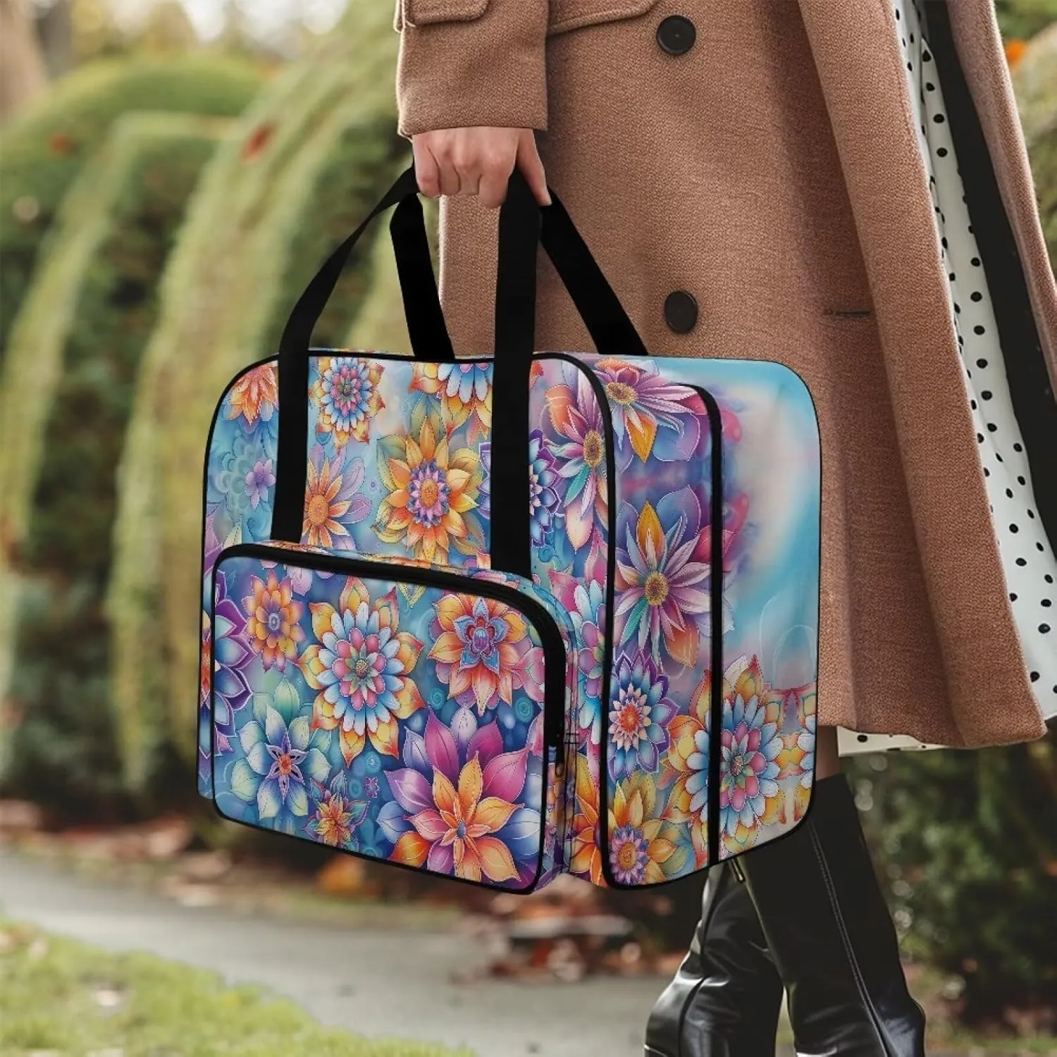 Blooming Flower Portable Sewing Machine Handbag with Front Pocket Sewing Machine Carrying Case Easy to Clean Sewing Machine Cover Dust Cover for Most Standard Sewing Machines