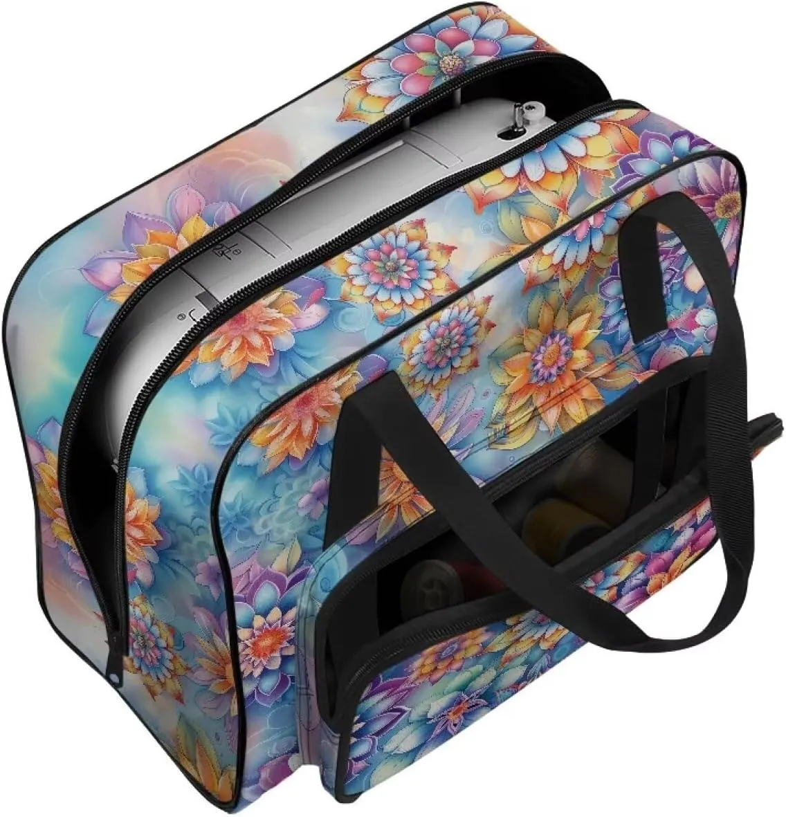 Blooming Flower Portable Sewing Machine Handbag with Front Pocket Sewing Machine Carrying Case Easy to Clean Sewing Machine Cover Dust Cover for Most Standard Sewing Machines