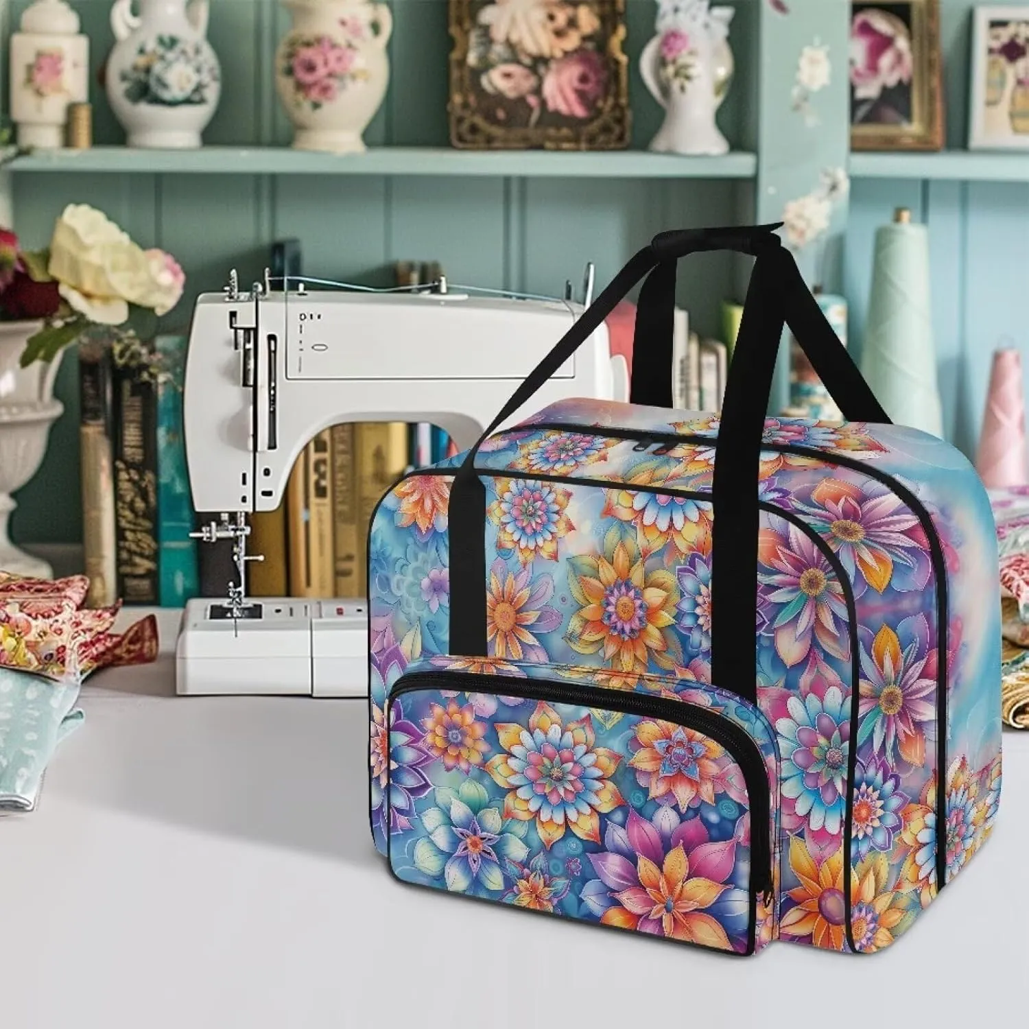 Blooming Flower Portable Sewing Machine Handbag with Front Pocket Sewing Machine Carrying Case Easy to Clean Sewing Machine Cover Dust Cover for Most Standard Sewing Machines