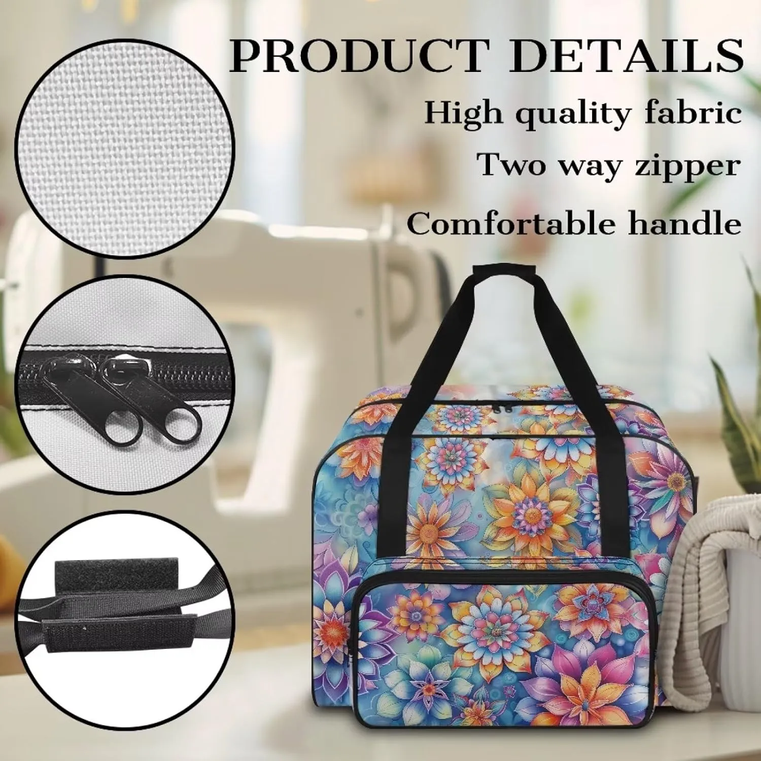 Blooming Flower Portable Sewing Machine Handbag with Front Pocket Sewing Machine Carrying Case Easy to Clean Sewing Machine Cover Dust Cover for Most Standard Sewing Machines