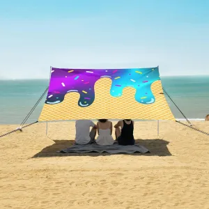 Blue and Purple Ice Cream Beach Canopy Tent Anti-UV & Wind Resistant, Camping Sun Shelter Easy Setup Portable,Outdoor Shade Tents with Sandbags,Sand Shovels,Ground Pegs & Stability Poles