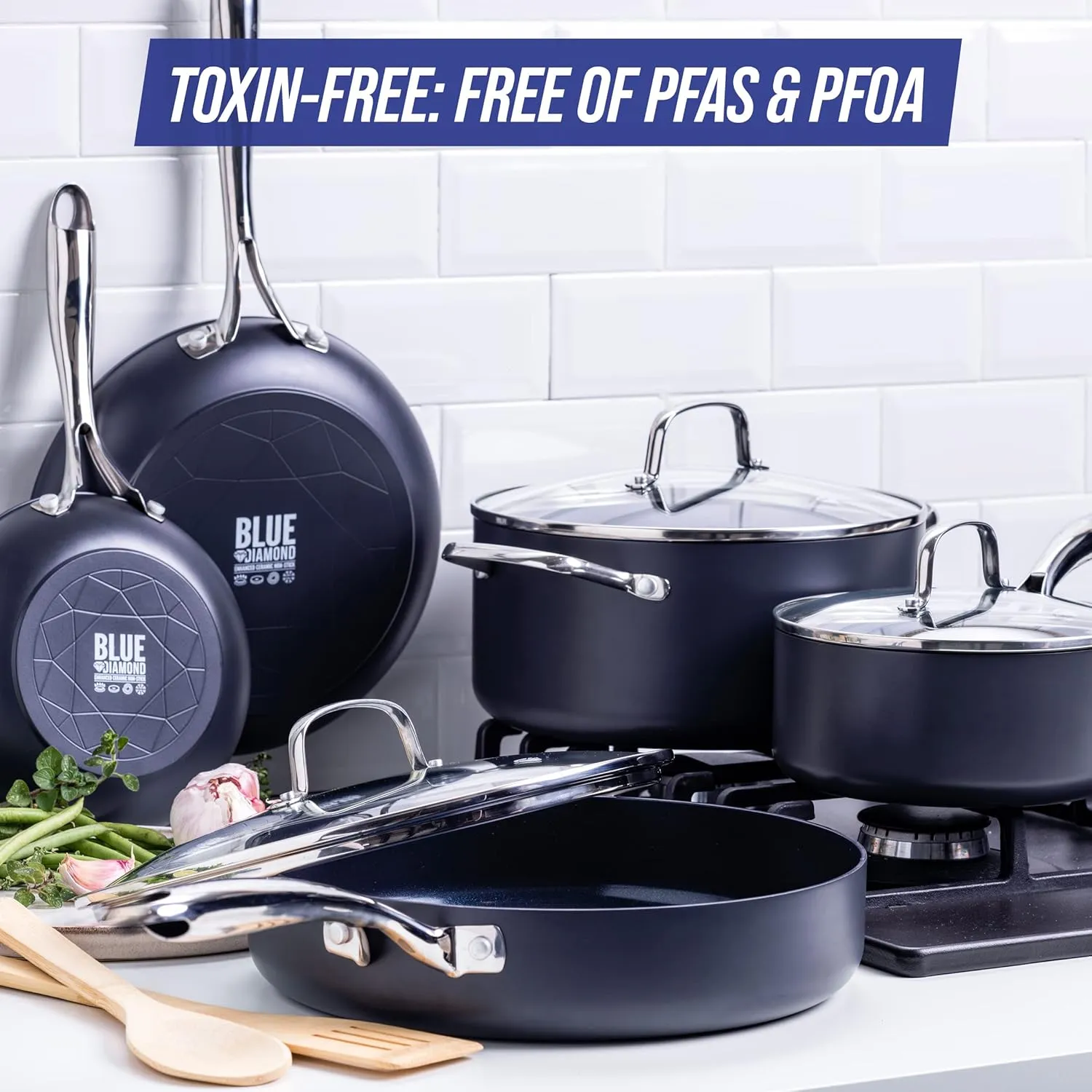 Blue Diamond Cookware Hard Anodized Ceramic Nonstick, 10 Piece Cookware Pots and Pans Set, Non-Toxic PFAS and PFOA-Free, Dishwasher and Oven Safe, Durable, Even Heating, Metal Utensil Safe, Gray