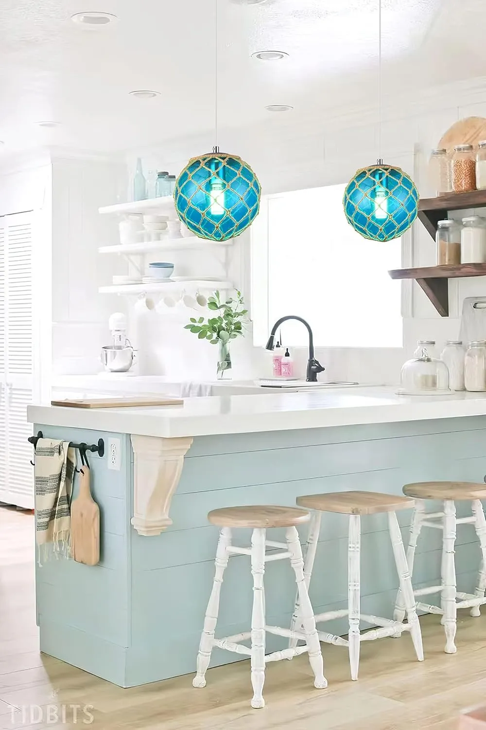 Blue Pendant Light Coastal Pendant Light Nautical Pendant Lighting Beach House Lighting Fixtures Ocean Lighting Fixture Coastal Hanging Light Fixtures Fish Float Glass Ball Lighting(Bulb Incl.