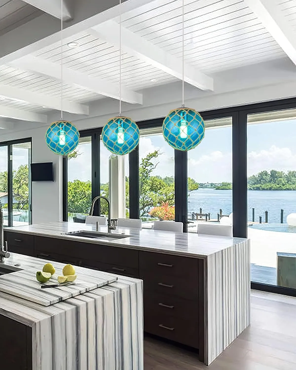 Blue Pendant Light Coastal Pendant Light Nautical Pendant Lighting Beach House Lighting Fixtures Ocean Lighting Fixture Coastal Hanging Light Fixtures Fish Float Glass Ball Lighting(Bulb Incl.