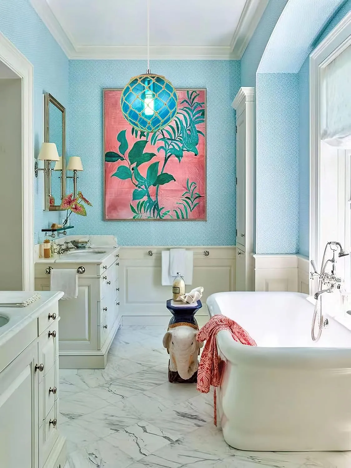 Blue Pendant Light Coastal Pendant Light Nautical Pendant Lighting Beach House Lighting Fixtures Ocean Lighting Fixture Coastal Hanging Light Fixtures Fish Float Glass Ball Lighting(Bulb Incl.