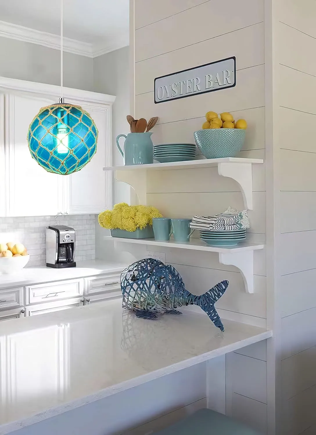 Blue Pendant Light Coastal Pendant Light Nautical Pendant Lighting Beach House Lighting Fixtures Ocean Lighting Fixture Coastal Hanging Light Fixtures Fish Float Glass Ball Lighting(Bulb Incl.