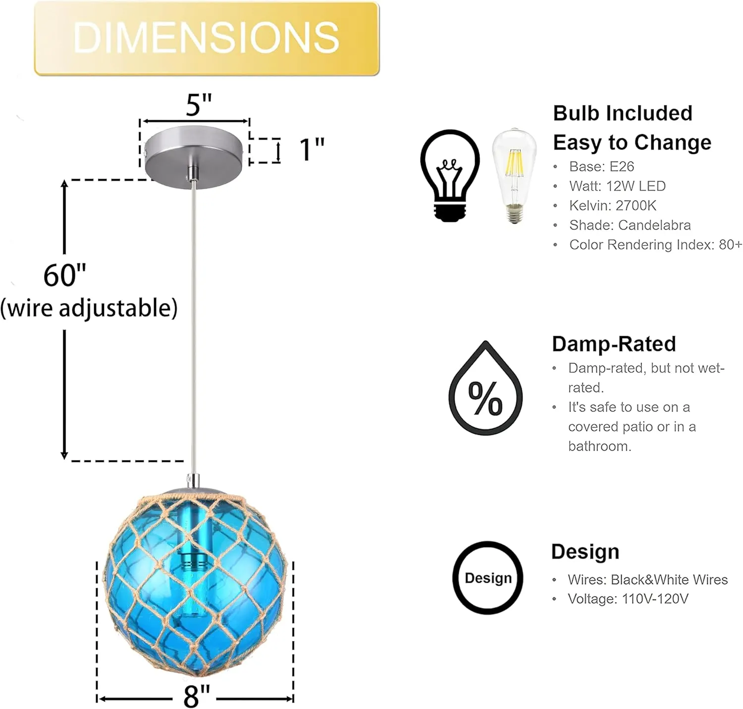 Blue Pendant Light Coastal Pendant Light Nautical Pendant Lighting Beach House Lighting Fixtures Ocean Lighting Fixture Coastal Hanging Light Fixtures Fish Float Glass Ball Lighting(Bulb Incl.