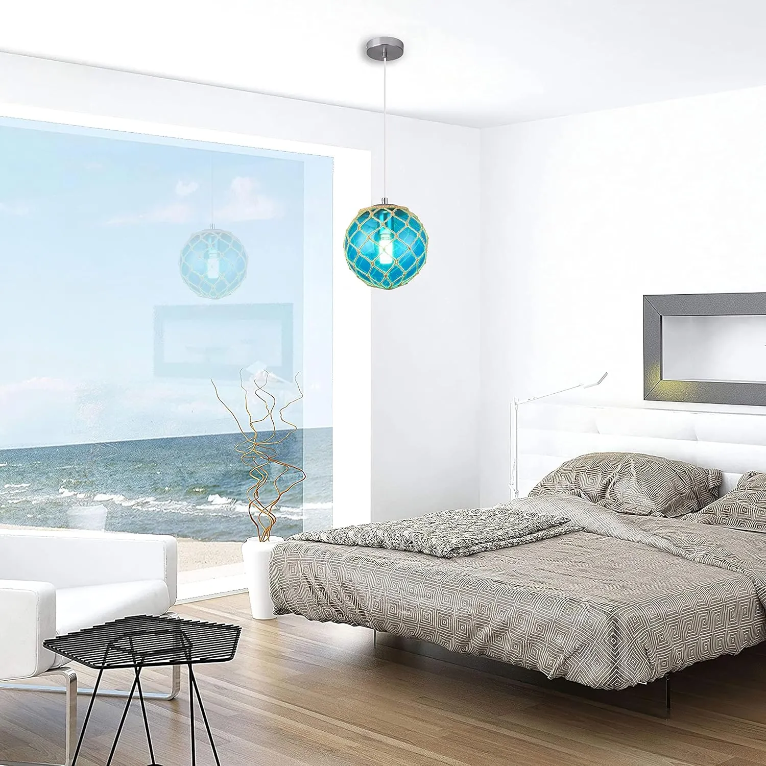Blue Pendant Light Coastal Pendant Light Nautical Pendant Lighting Beach House Lighting Fixtures Ocean Lighting Fixture Coastal Hanging Light Fixtures Fish Float Glass Ball Lighting(Bulb Incl.