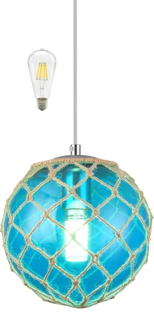 Blue Pendant Light Coastal Pendant Light Nautical Pendant Lighting Beach House Lighting Fixtures Ocean Lighting Fixture Coastal Hanging Light Fixtures Fish Float Glass Ball Lighting(Bulb Incl.