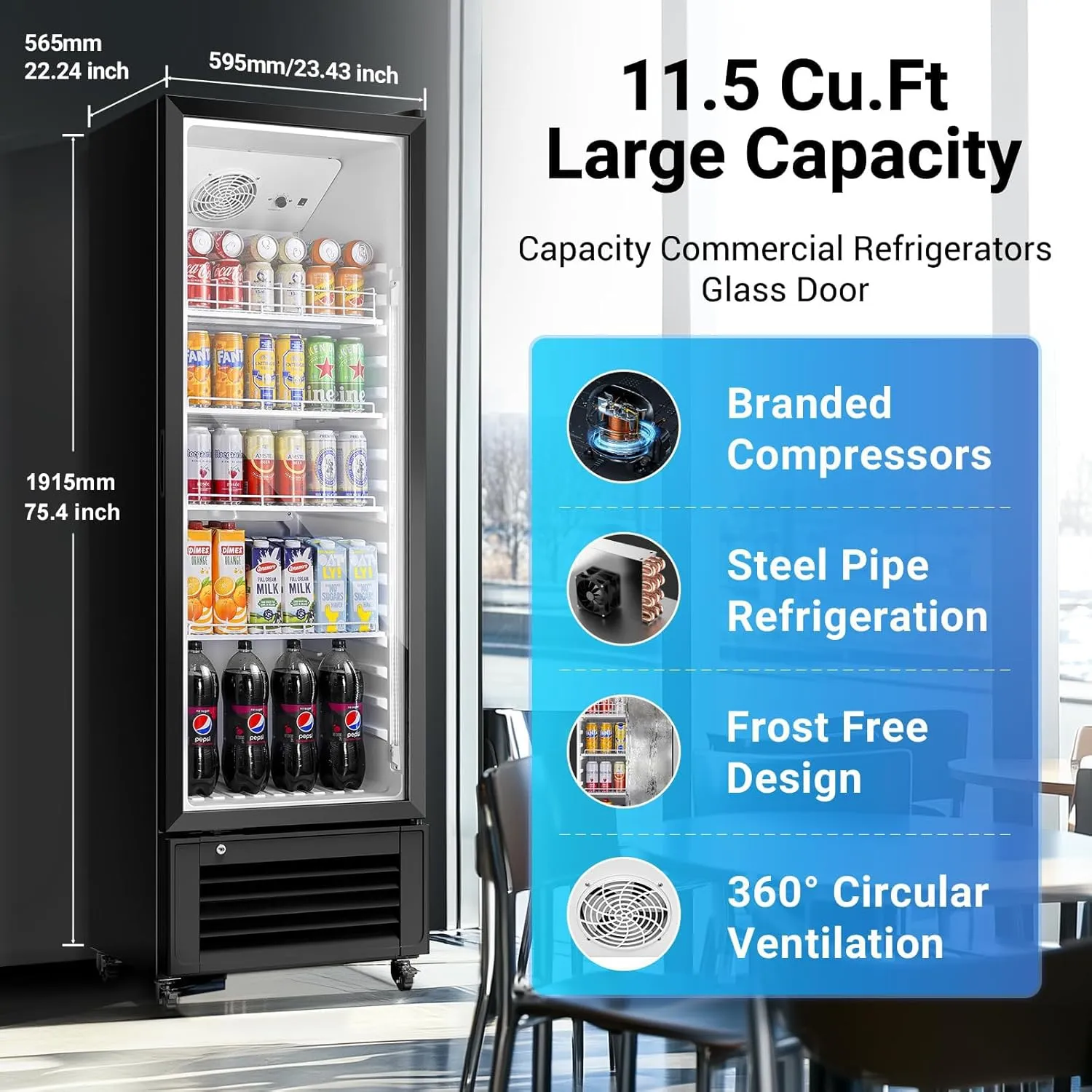 BODEGACOOLER Beverage Refrigerator and Cooler For Man Cave, Commercial Merchandiser Refrigerators with Soft LED Light, Upright Display refrigerator, Commercial Cooler as Back Bar Fridge.11.5 Cu.Ft.