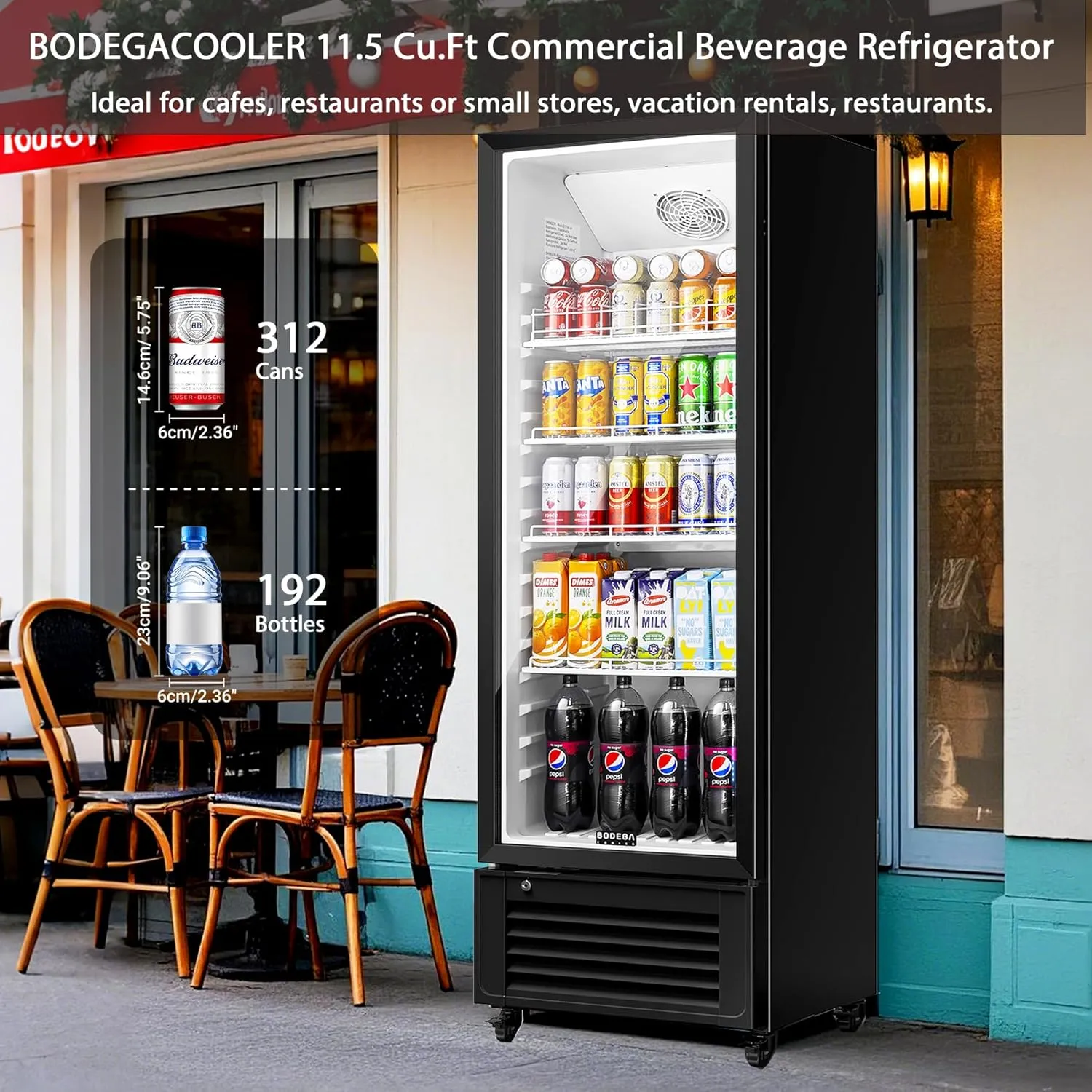 BODEGACOOLER Beverage Refrigerator and Cooler For Man Cave, Commercial Merchandiser Refrigerators with Soft LED Light, Upright Display refrigerator, Commercial Cooler as Back Bar Fridge.11.5 Cu.Ft.