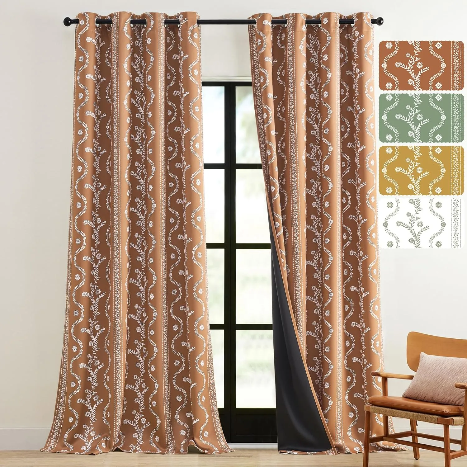 Boho Blackout Curtains 84 Inch Length 2 Panels Set Rustic Curtain for Bedroom Living Room Thermal Insulation Printed Floral Curtains Burnt Orange Black out Bohemian Western Drapes for Living Room
