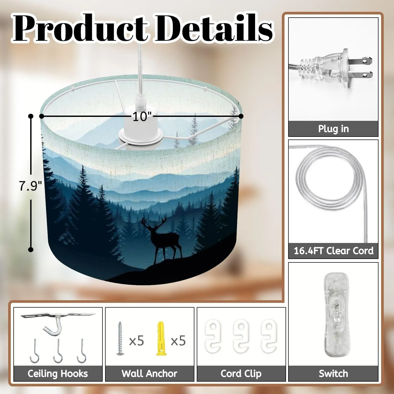 Boho Plug in Pendant Light Blue Landscape Silhouettes Misty Mountains Forests Deer 16.4ft Hanging Light with Plug in Cord Dimmable Hanging Lamp with Fabric Shade for Kitchen Island