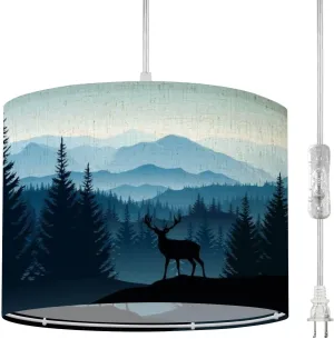 Boho Plug in Pendant Light Blue Landscape Silhouettes Misty Mountains Forests Deer 16.4ft Hanging Light with Plug in Cord Dimmable Hanging Lamp with Fabric Shade for Kitchen Island