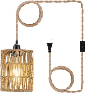 Boho Plug in Pendant Light, Hanging Light with Plug in Cord, Ceiling Lamp Rattan Cylinder Lamp Shade On-Off Switch, Hanging Plant Shelf Shelves Bohemian Decor for Bedroom Living Room Corner