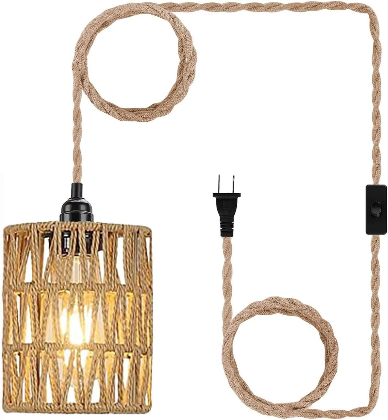 Boho Plug in Pendant Light, Hanging Light with Plug in Cord, Ceiling Lamp Rattan Cylinder Lamp Shade On-Off Switch, Hanging Plant Shelf Shelves Bohemian Decor for Bedroom Living Room Corner