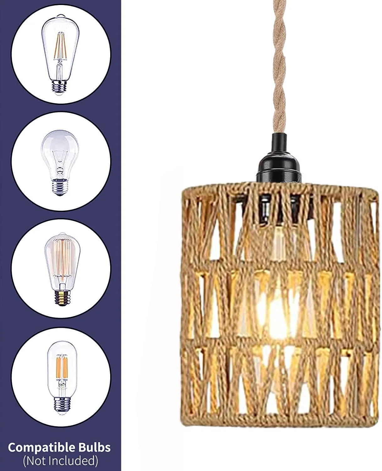 Boho Plug in Pendant Light, Hanging Light with Plug in Cord, Ceiling Lamp Rattan Cylinder Lamp Shade On-Off Switch, Hanging Plant Shelf Shelves Bohemian Decor for Bedroom Living Room Corner