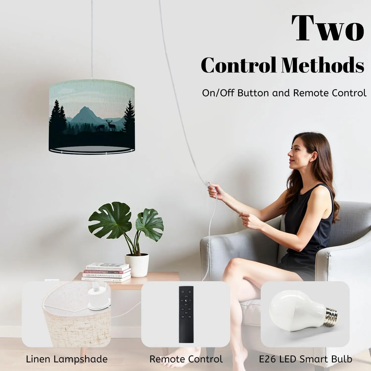 Boho Plug in Pendant Light Landscape Mountains Forest Silhouettes Trees Wild Deers 16.4ft Hanging Light with Plug in Cord Dimmable Hanging Lamp with Fabric Shade for Kitchen Island