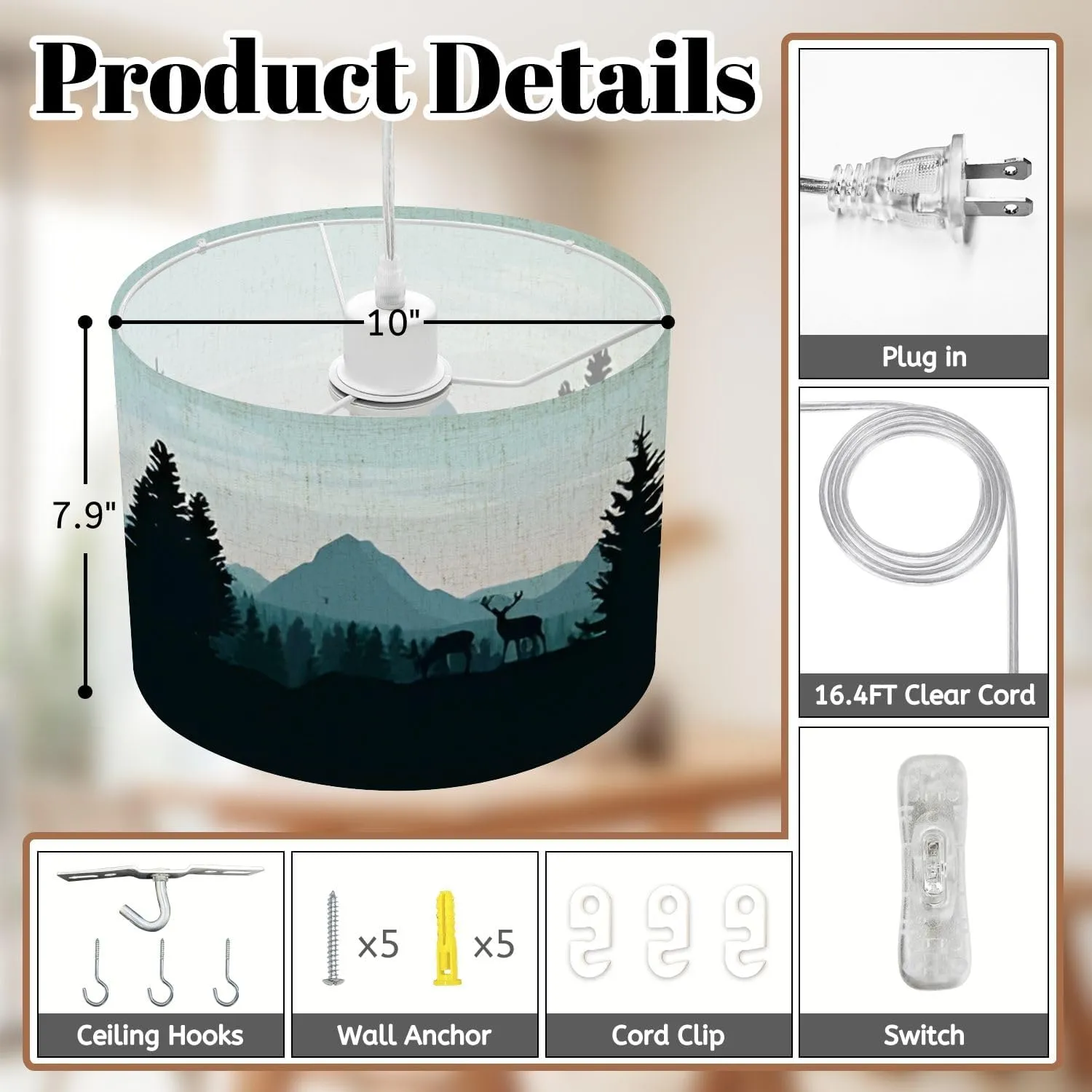 Boho Plug in Pendant Light Landscape Mountains Forest Silhouettes Trees Wild Deers 16.4ft Hanging Light with Plug in Cord Dimmable Hanging Lamp with Fabric Shade for Kitchen Island