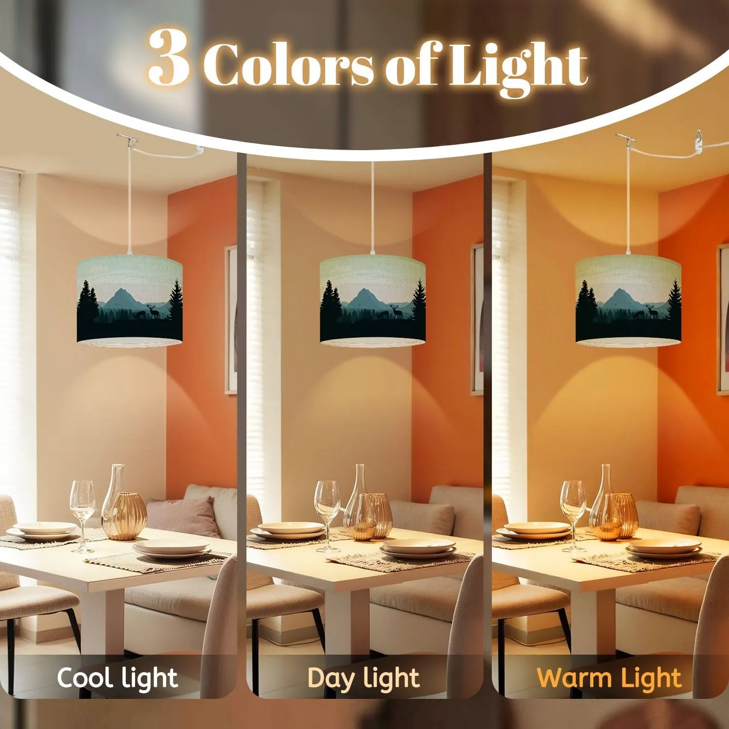 Boho Plug in Pendant Light Landscape Mountains Forest Silhouettes Trees Wild Deers 16.4ft Hanging Light with Plug in Cord Dimmable Hanging Lamp with Fabric Shade for Kitchen Island