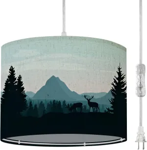 Boho Plug in Pendant Light Landscape Mountains Forest Silhouettes Trees Wild Deers 16.4ft Hanging Light with Plug in Cord Dimmable Hanging Lamp with Fabric Shade for Kitchen Island