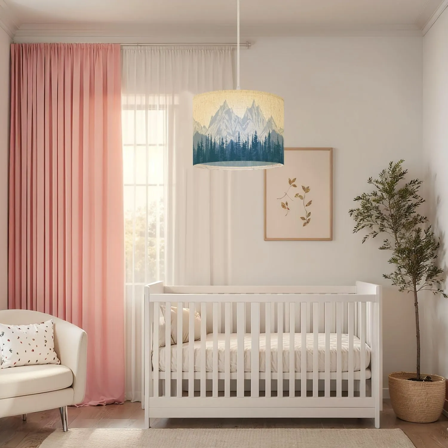 Boho Plug in Pendant Light Mountain Landscape Forest Morning Haze Panoramic View 16.4ft Hanging Light with Plug in Cord Dimmable Hanging Lamp with Fabric Shade for Kitchen Island