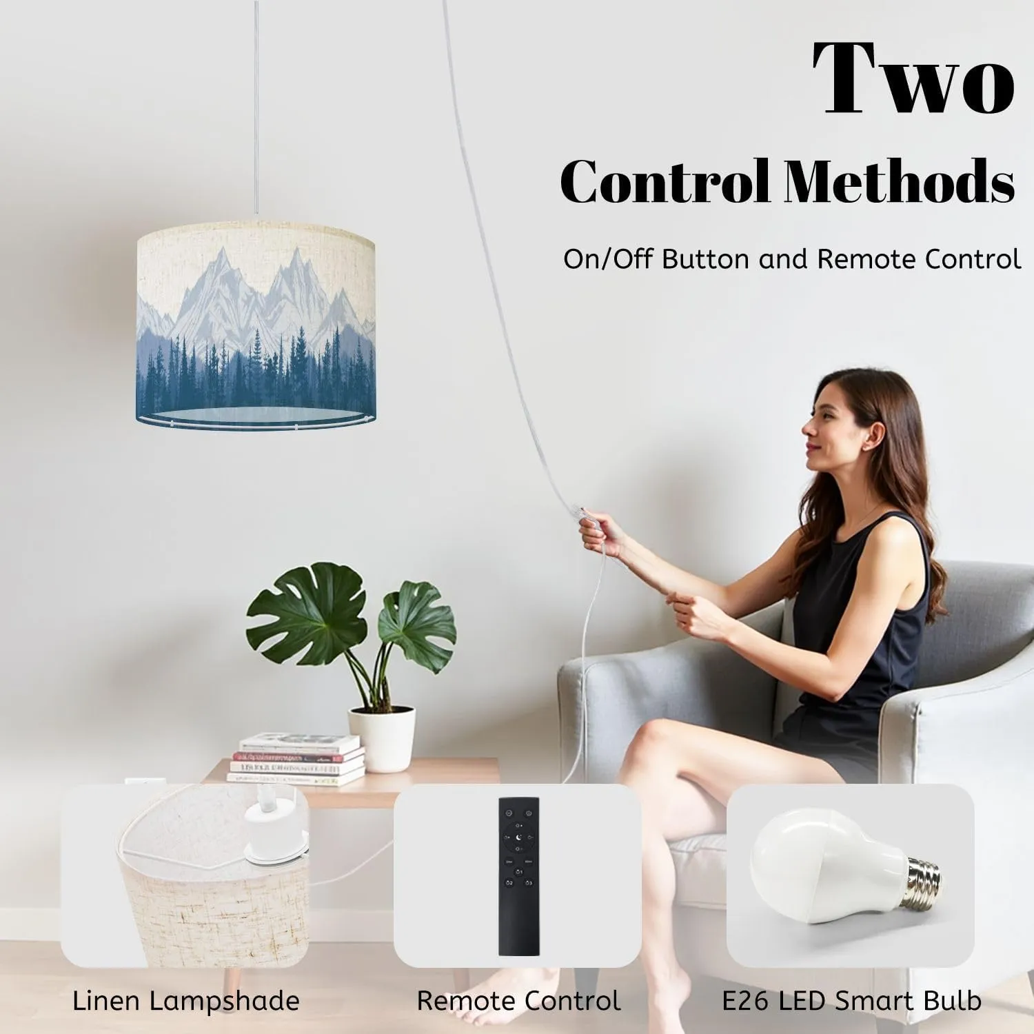 Boho Plug in Pendant Light Mountain Landscape Forest Morning Haze Panoramic View 16.4ft Hanging Light with Plug in Cord Dimmable Hanging Lamp with Fabric Shade for Kitchen Island