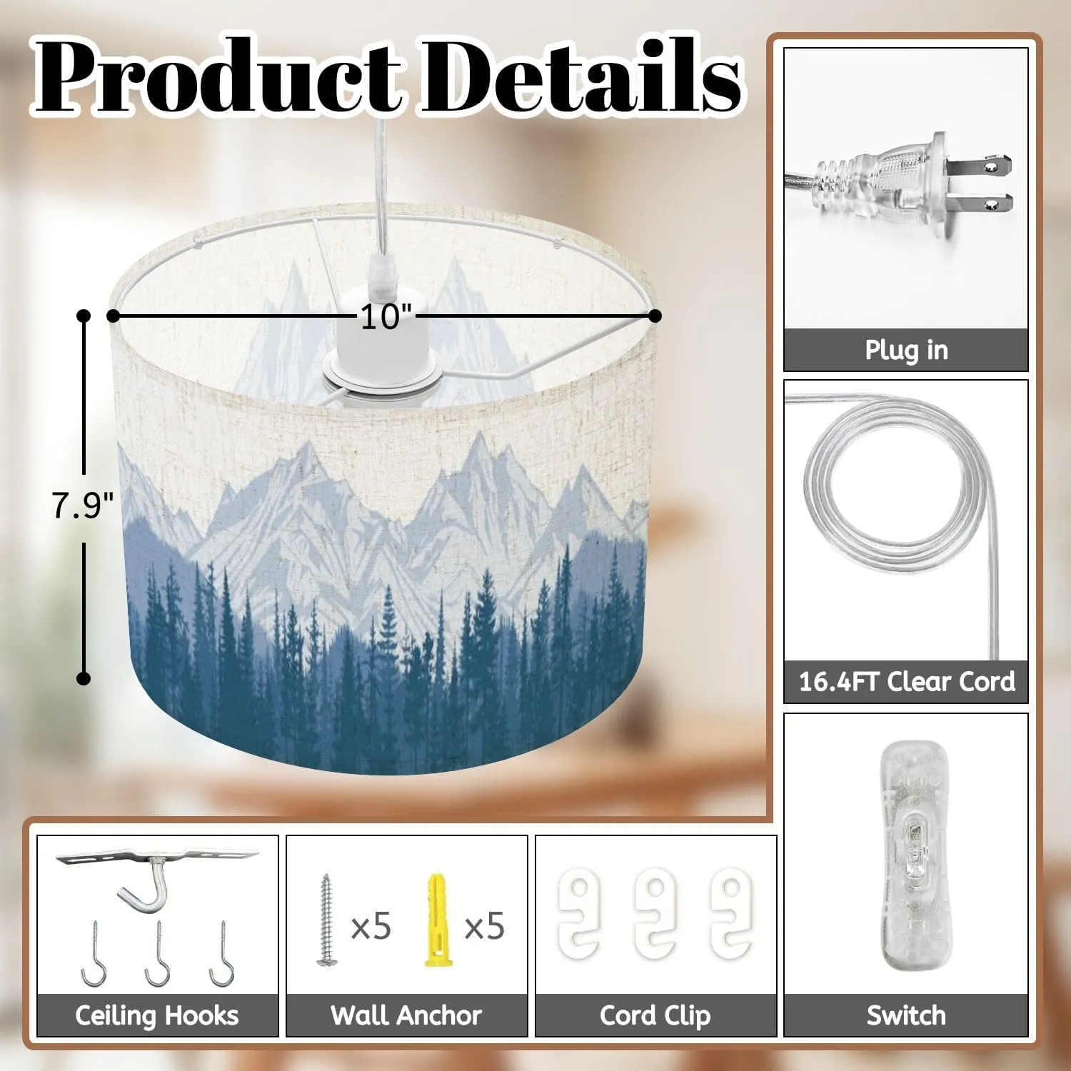 Boho Plug in Pendant Light Mountain Landscape Forest Morning Haze Panoramic View 16.4ft Hanging Light with Plug in Cord Dimmable Hanging Lamp with Fabric Shade for Kitchen Island