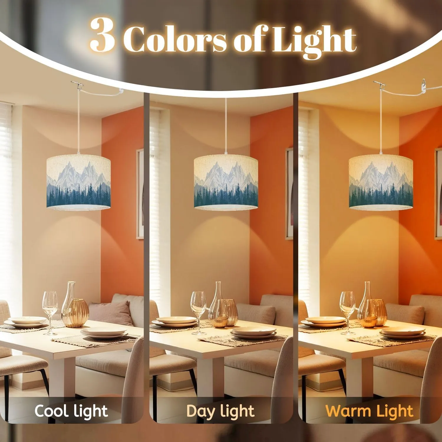 Boho Plug in Pendant Light Mountain Landscape Forest Morning Haze Panoramic View 16.4ft Hanging Light with Plug in Cord Dimmable Hanging Lamp with Fabric Shade for Kitchen Island