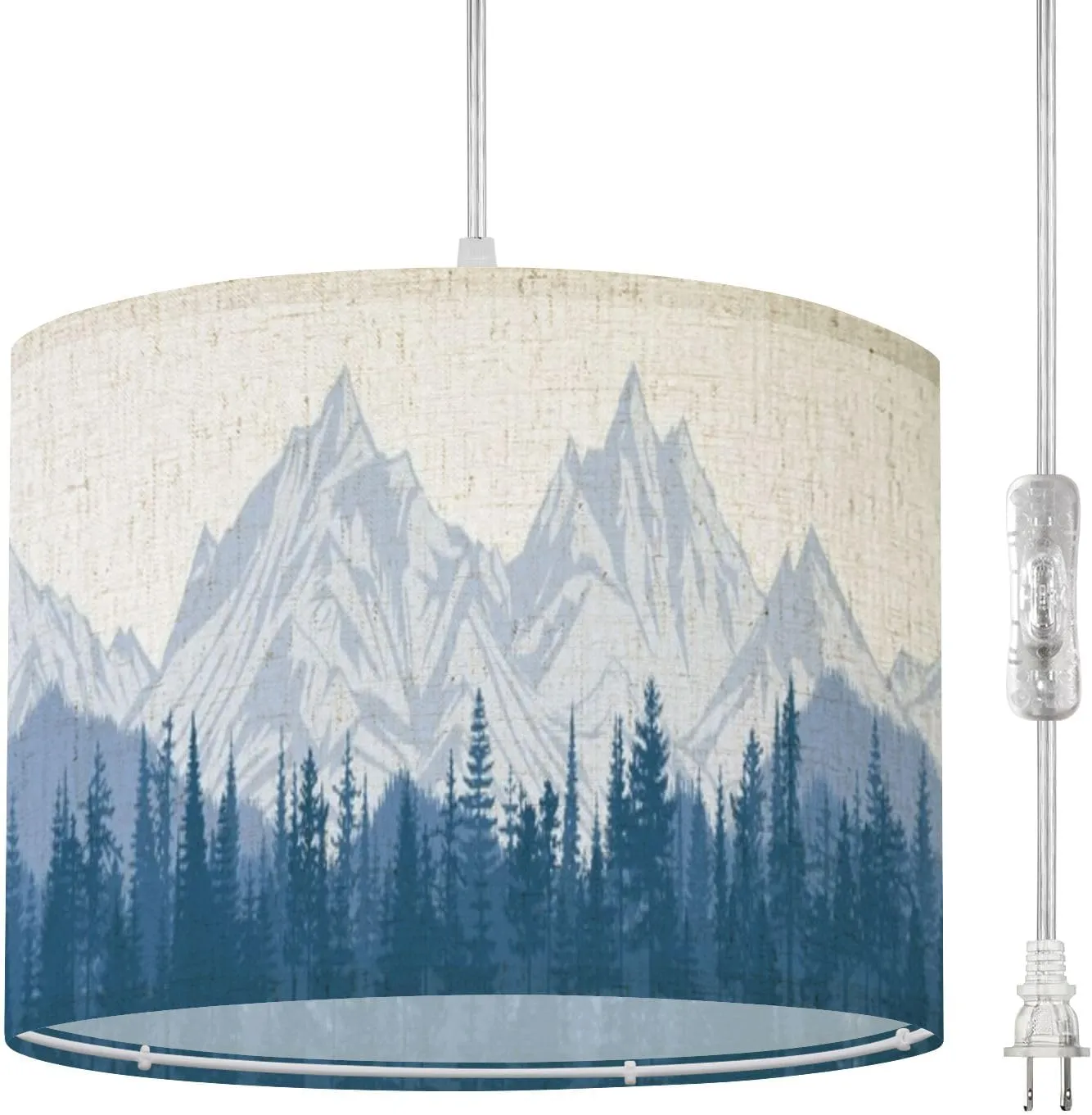 Boho Plug in Pendant Light Mountain Landscape Forest Morning Haze Panoramic View 16.4ft Hanging Light with Plug in Cord Dimmable Hanging Lamp with Fabric Shade for Kitchen Island