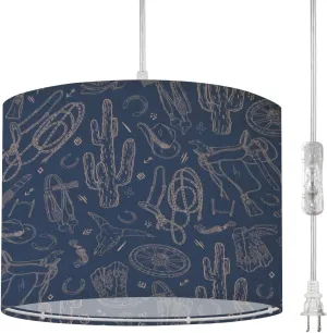 Boho Plug in Pendant Light Western style seamless dark blue line drawing cactus wheel horseshoe 16.4ft Hanging Light with Plug in Cord Dimmable Hanging Lamp with Fabric Shade for Kitchen Island