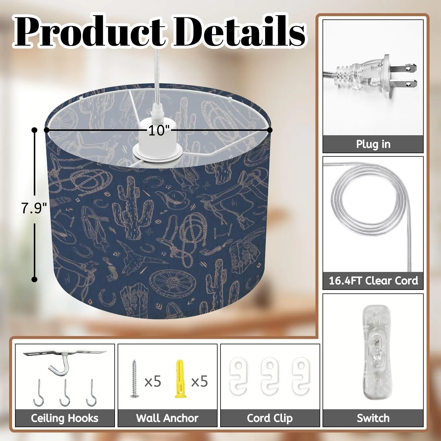 Boho Plug in Pendant Light Western style seamless dark blue line drawing cactus wheel horseshoe 16.4ft Hanging Light with Plug in Cord Dimmable Hanging Lamp with Fabric Shade for Kitchen Island