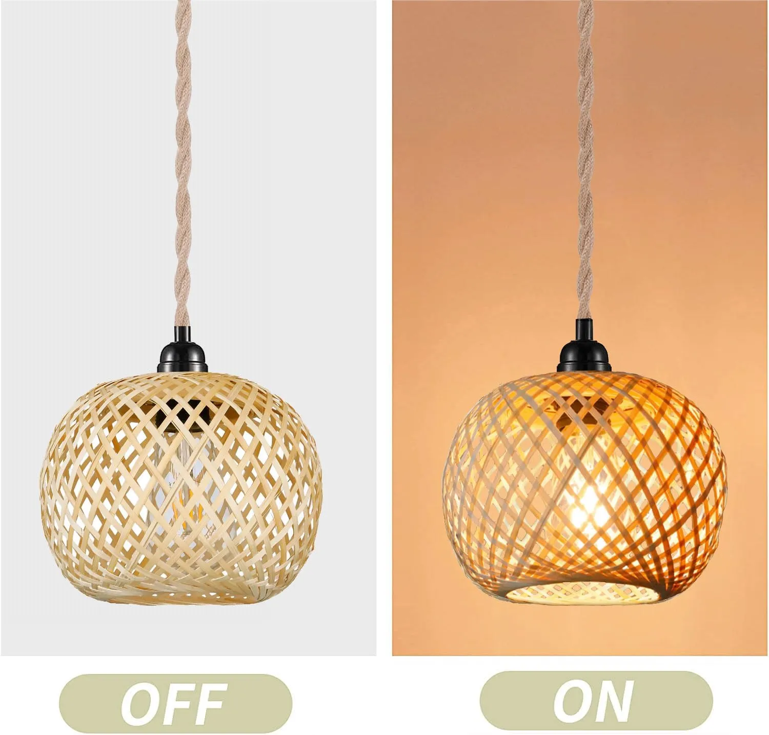 Boho Plug in Pendant Light Wicker Rattan Hanging Lights with 15ft Hemp Rope Cord Mini Bamboo Lampshade Wall Lighting Fixture Swag Lamp for Kitchen Island Farmhouse Living Dining Room Bedroom