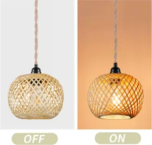 Boho Plug in Pendant Light Wicker Rattan Hanging Lights with 15ft Hemp Rope Cord Mini Bamboo Lampshade Wall Lighting Fixture Swag Lamp for Kitchen Island Farmhouse Living Dining Room Bedroom