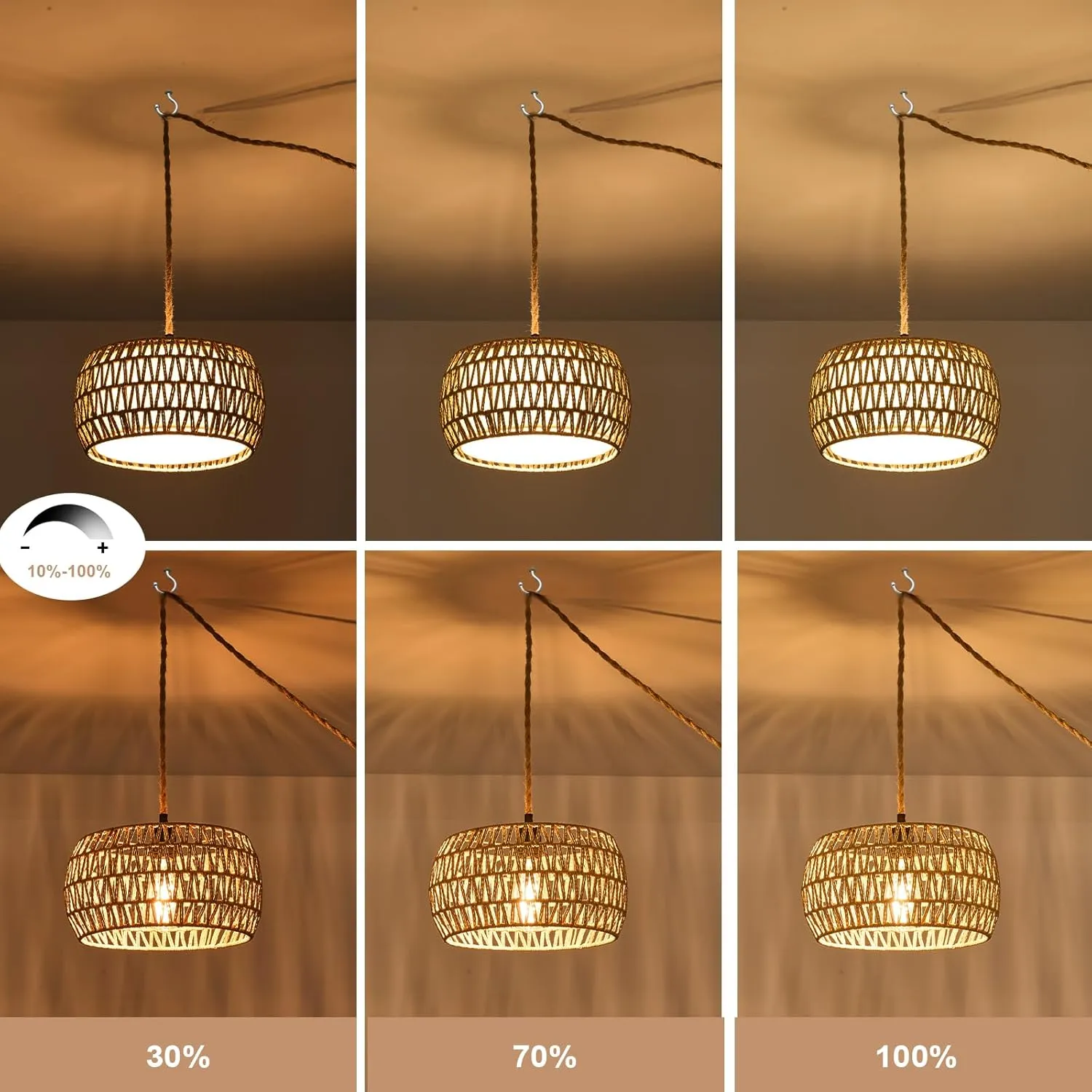 Boho Rattan Pendant Lights Farmhouse 12 Inch Plug in Chandelier Light Fixture Rustic Wicker Hand Woven Pendant Hanging Light with Cord for Dining Room Kitchen Bedroom Foyer Hallway