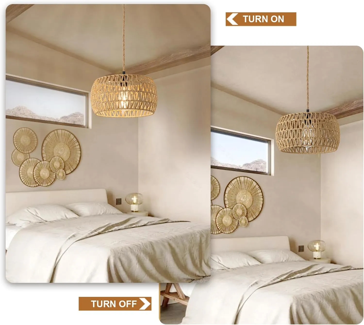 Boho Rattan Pendant Lights Farmhouse 12 Inch Plug in Chandelier Light Fixture Rustic Wicker Hand Woven Pendant Hanging Light with Cord for Dining Room Kitchen Bedroom Foyer Hallway