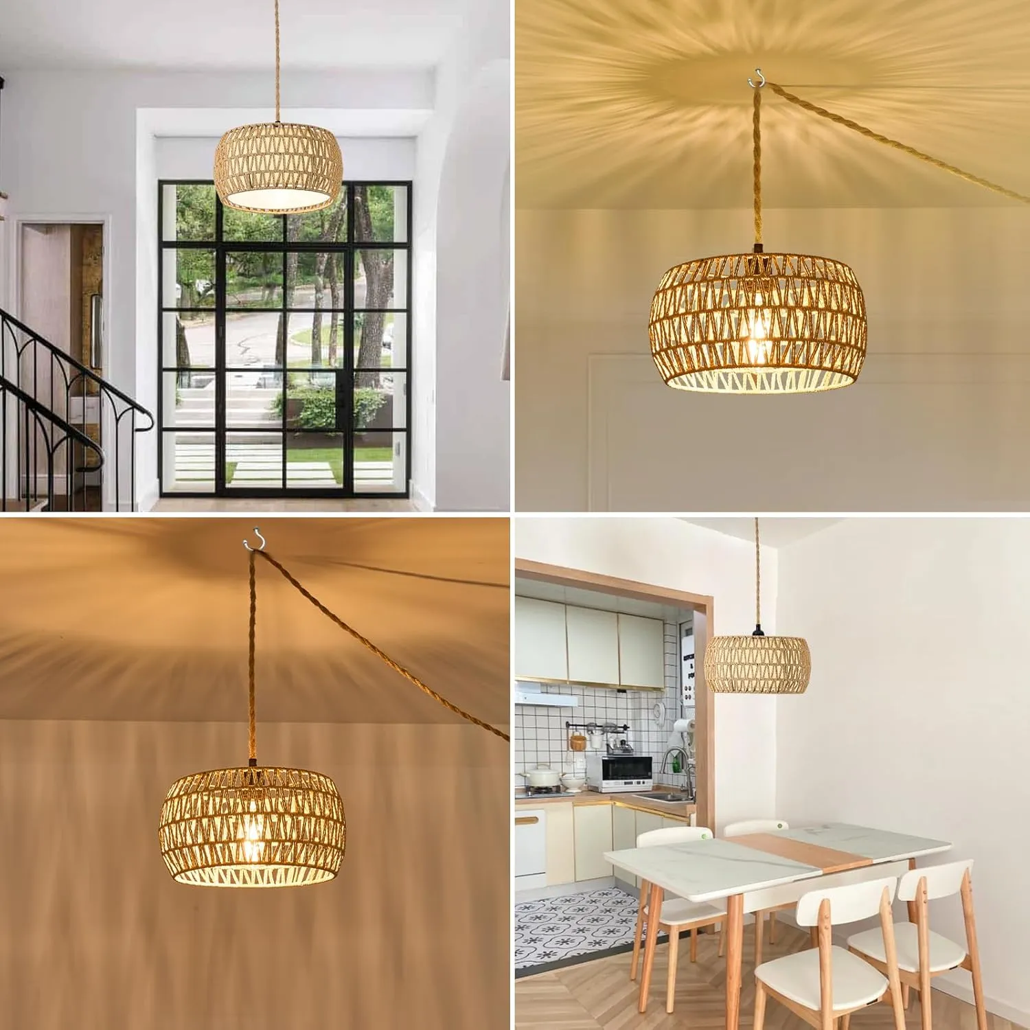 Boho Rattan Pendant Lights Farmhouse 12 Inch Plug in Chandelier Light Fixture Rustic Wicker Hand Woven Pendant Hanging Light with Cord for Dining Room Kitchen Bedroom Foyer Hallway
