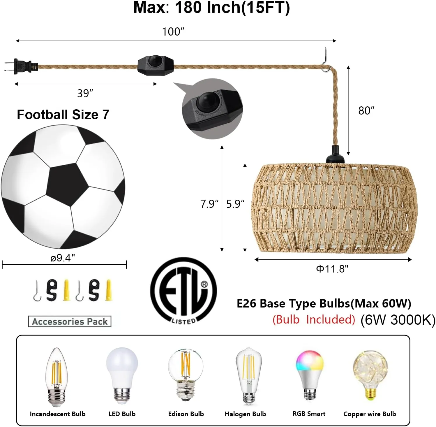 Boho Rattan Pendant Lights Farmhouse 12 Inch Plug in Chandelier Light Fixture Rustic Wicker Hand Woven Pendant Hanging Light with Cord for Dining Room Kitchen Bedroom Foyer Hallway