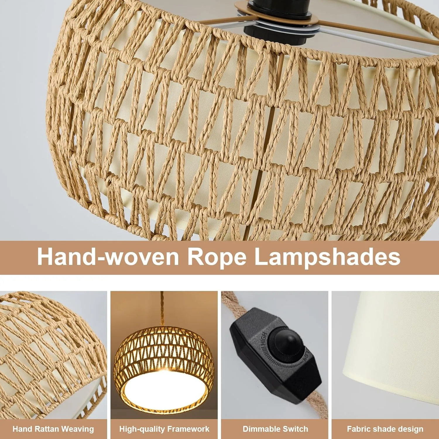 Boho Rattan Pendant Lights Farmhouse 12 Inch Plug in Chandelier Light Fixture Rustic Wicker Hand Woven Pendant Hanging Light with Cord for Dining Room Kitchen Bedroom Foyer Hallway