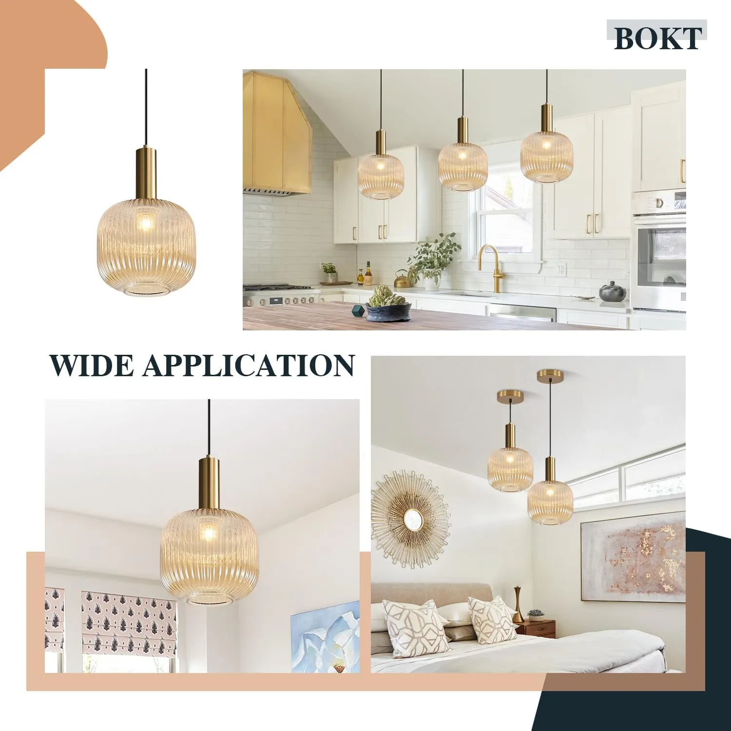 BOKT Modern Large Amber Glass Globe Pendant Light Fixture Brushed Brass Gold Kitchen Island Pendant Lighting Farmhouse Single 1-Light Spherical Ceiling Hanging Pendant Light (Amber)