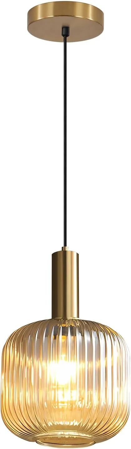 BOKT Modern Large Amber Glass Globe Pendant Light Fixture Brushed Brass Gold Kitchen Island Pendant Lighting Farmhouse Single 1-Light Spherical Ceiling Hanging Pendant Light (Amber)