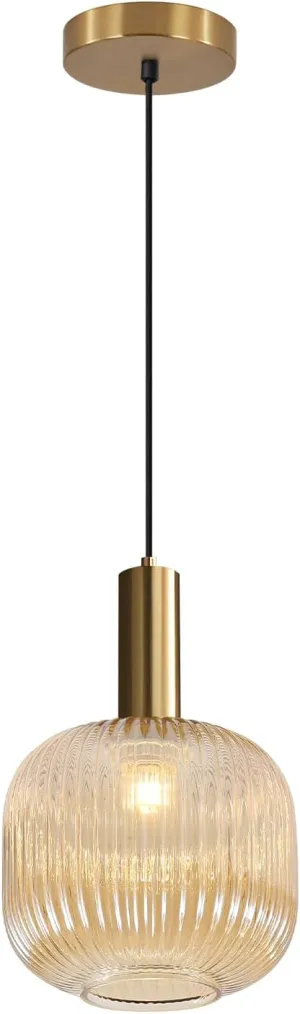 BOKT Modern Large Amber Glass Globe Pendant Light Fixture Brushed Brass Gold Kitchen Island Pendant Lighting Farmhouse Single 1-Light Spherical Ceiling Hanging Pendant Light (Amber)